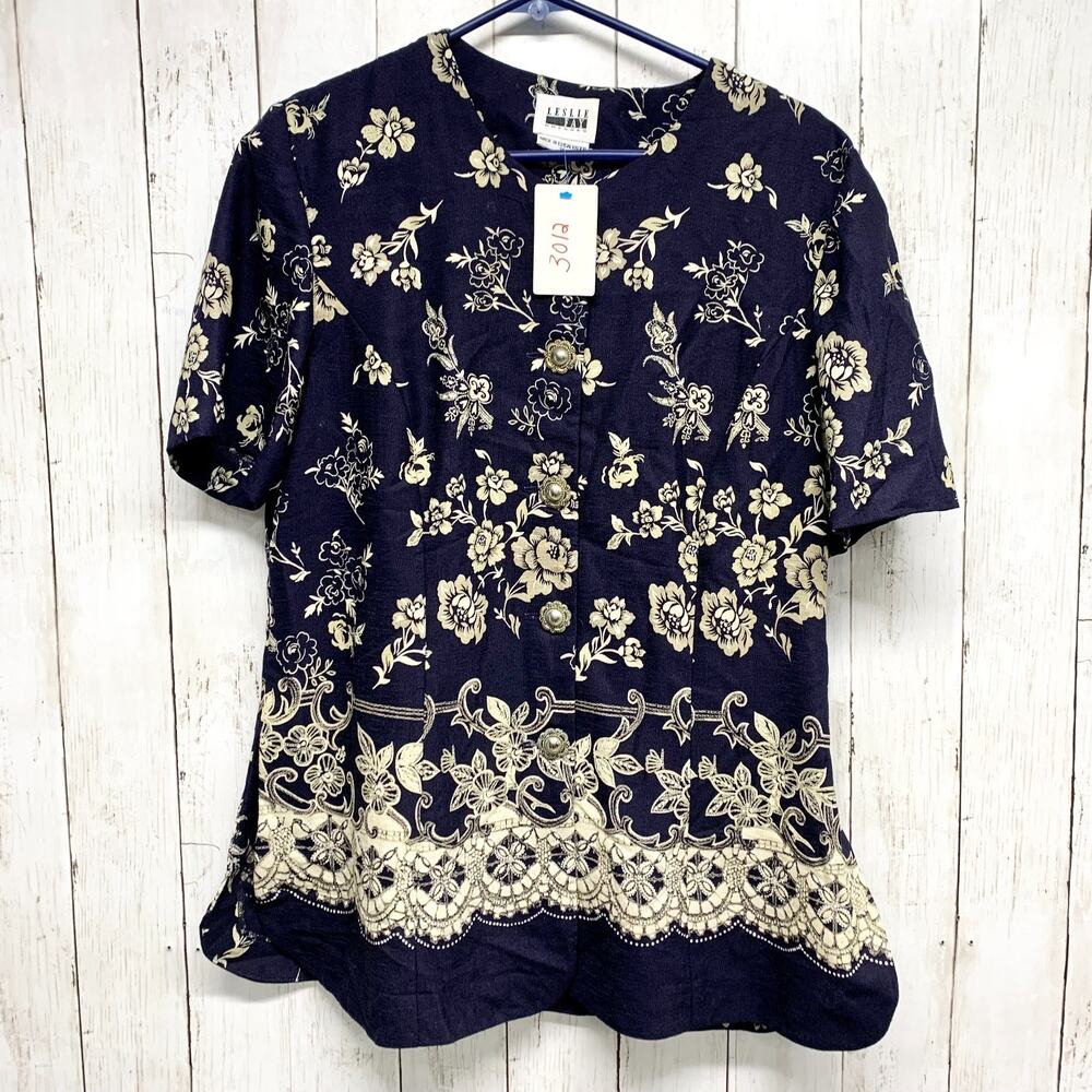 Vintage Leslie Faye‎ Dresses Shirt Women Size 14 Floral Gold Button Front Blouse